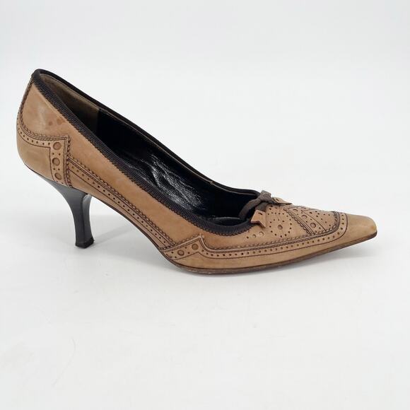 Vintage Prada Brown Leather Bow Trim Brogue Pointed Toe Mid Heel Pumps 36.5 - Picture 2 of 11